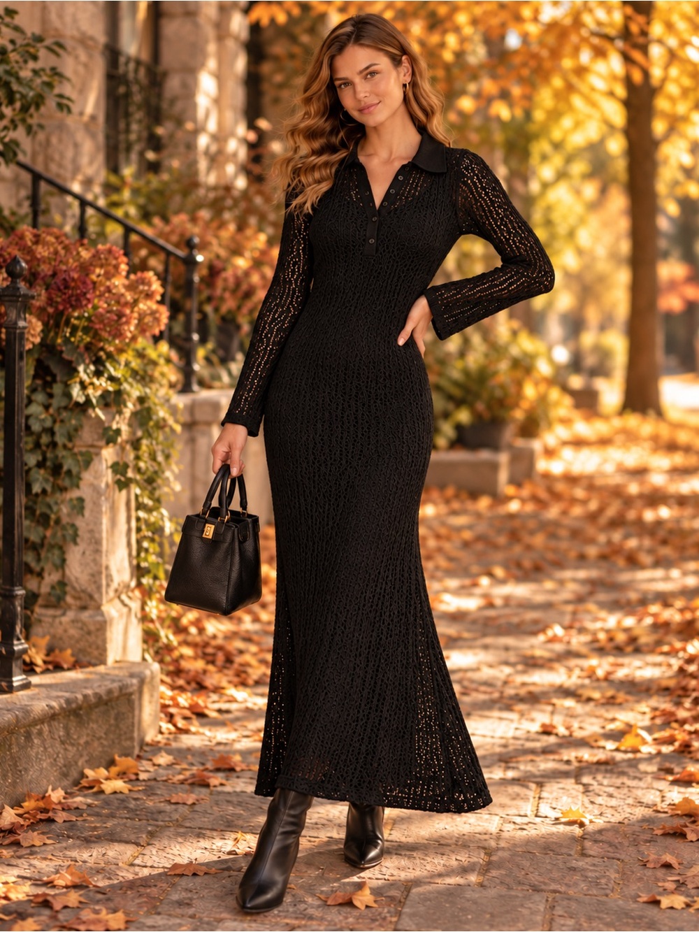 Scoop NYC -Black Long-Sleeve Fine Pointelle knit sweater dress